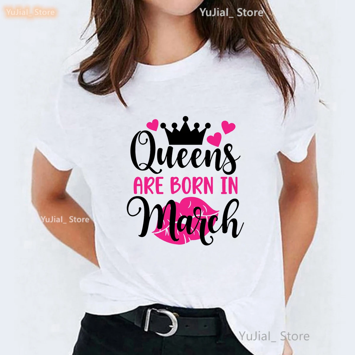 Pink Love Lip Queen Are Born In March Printed Tshirt Girls Fashion Birthday Gift Party T Shirt Women Summer Short Sleeve T-Shirt