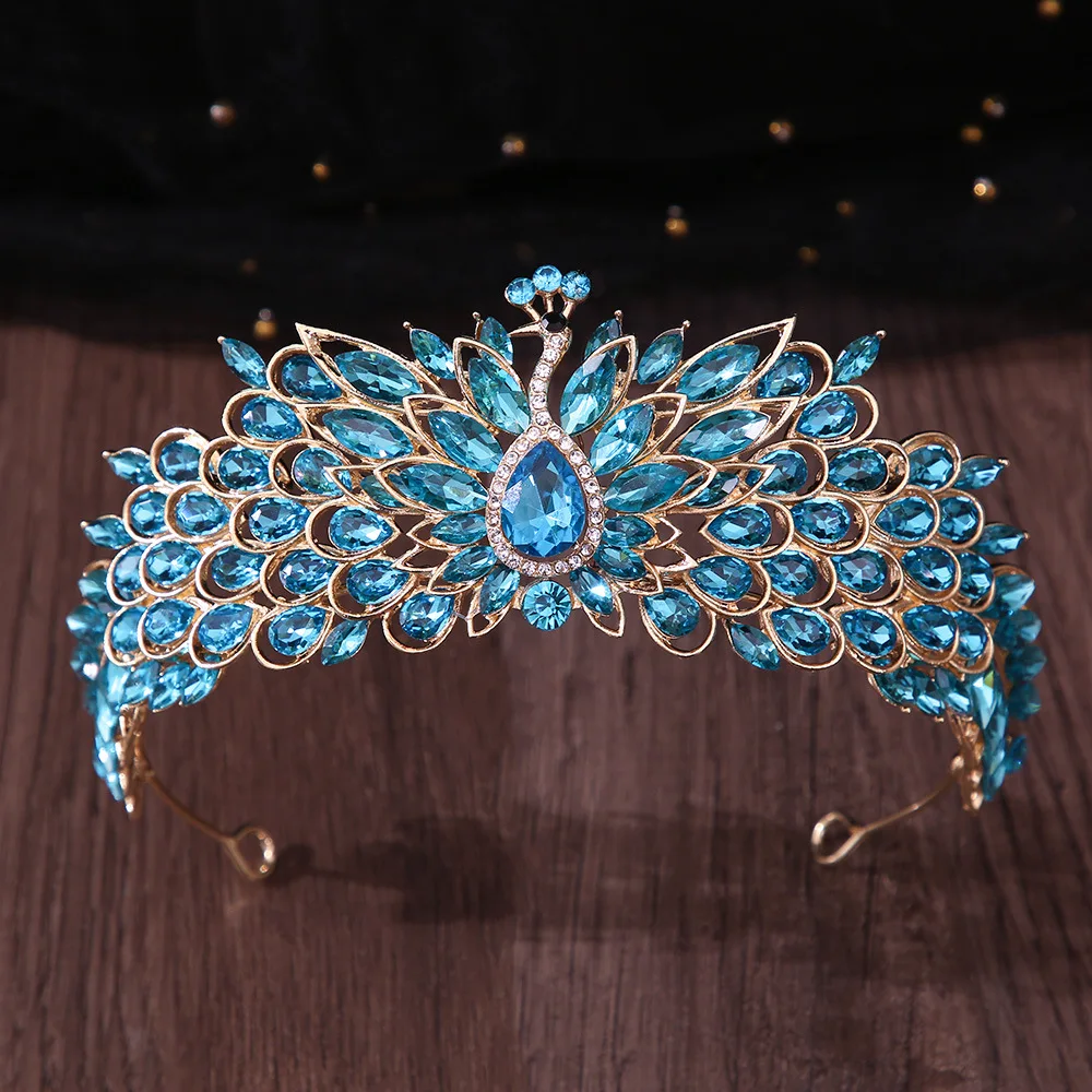 Tiaras AB de cristal de bosque de pavo real de lujo, diadema para desfile de diamantes de imitación, coronas de boda, diadema, disfraz, vestido para el cabello, accesorios de joyería