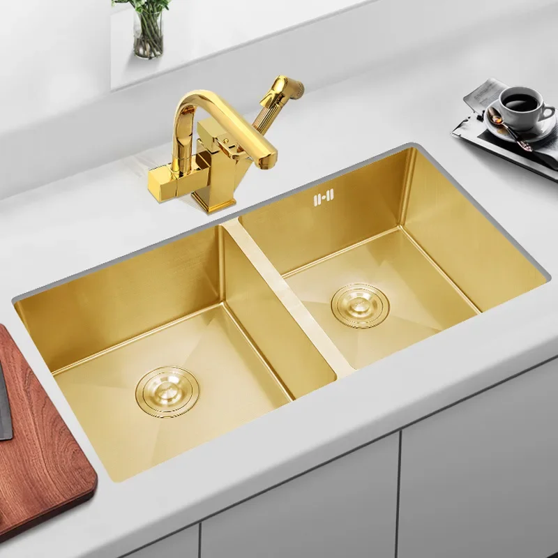 Golden 304 stainless steel sink double-slot kitchen sink hand-made nano sink home thickened basin under the table.