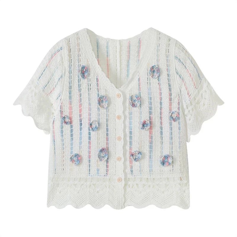 

Вязаный крючком топ на пуговицах с цветочной вышивкой и короткими рукавами, прозрачный укороченный кардиган с открытой вязкой для женщин, винтажный наряд Teengirl Fairycore