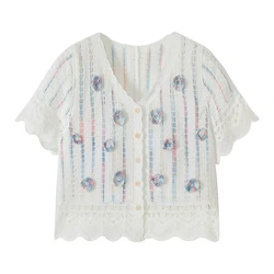 Floral Embroidery Crochet Button-up Top Short Sleeve Sheer Open-knit Crop Cardigan for Women Teengirl Fairycore Vintage Outfit