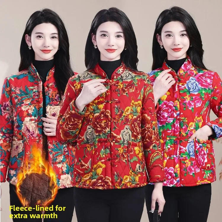 

Winter Thiened Fce Lined Stand Collar Cotton Jaet Women's Large Flower Print Warm Ethnic Sle Cotton Coat New Arrival