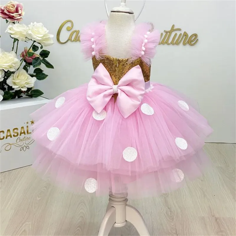 

Childen's Pink Flower Girl Dresses Glitter Sequins Bow Evening Party Fluffy Skirt Ball Gown Communion Kid Toddler Tutu Outfit