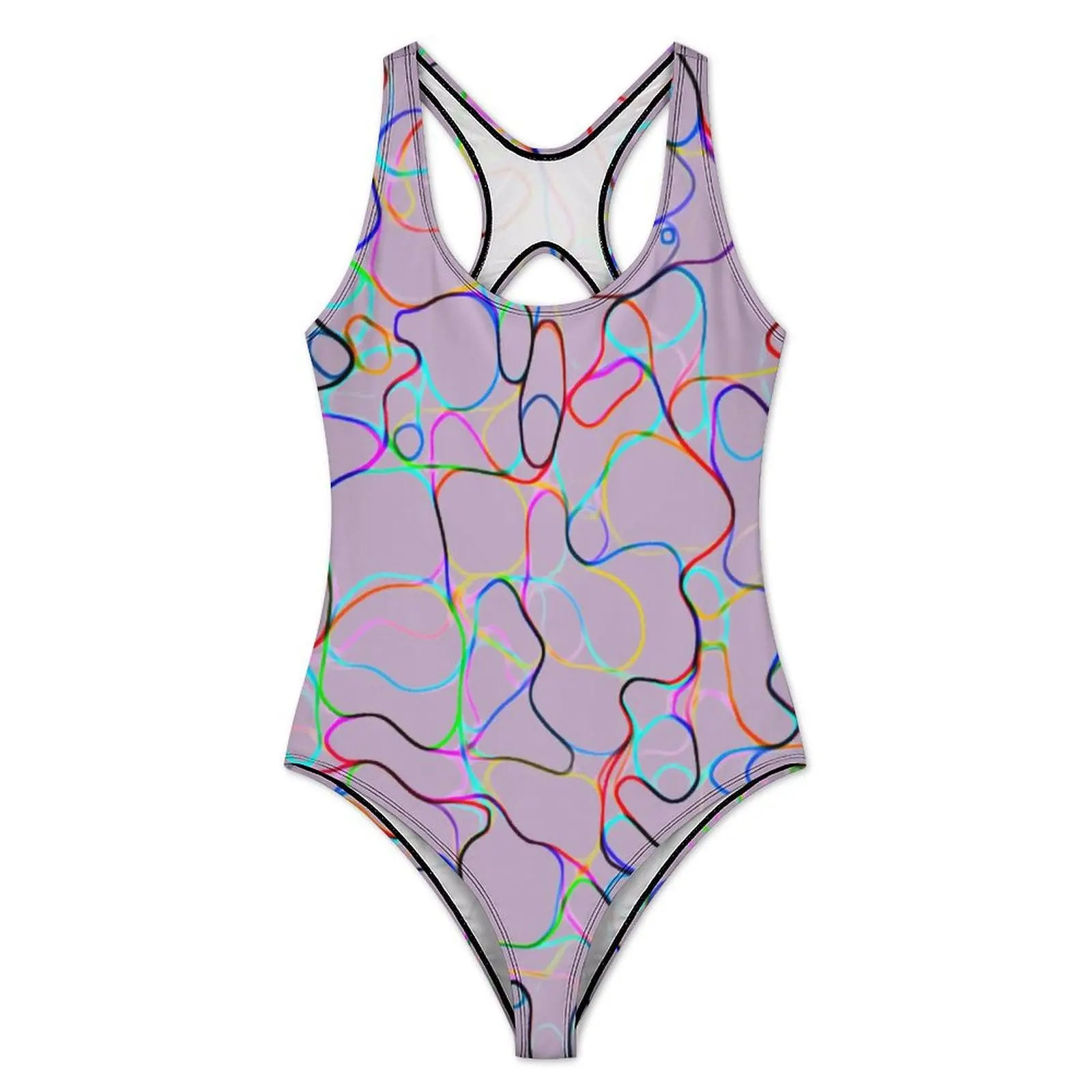 Curvy Lines Swimsuit Colorful Print One-Piece Swimwear Push Up Stylish Monokini Sexy Vacation Bath Pattern Bodysuit