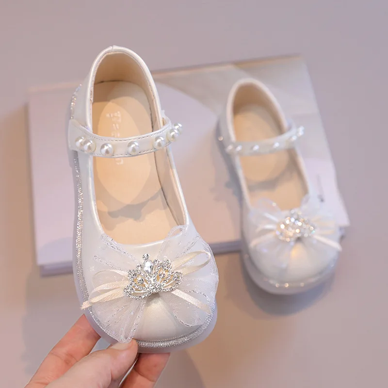 Girls Princess Leather Shoes 2024 New Elegant Sweet Kids Ballet Flat Shoes for Wedding Lace Bowknot Children Dress Single Shoes