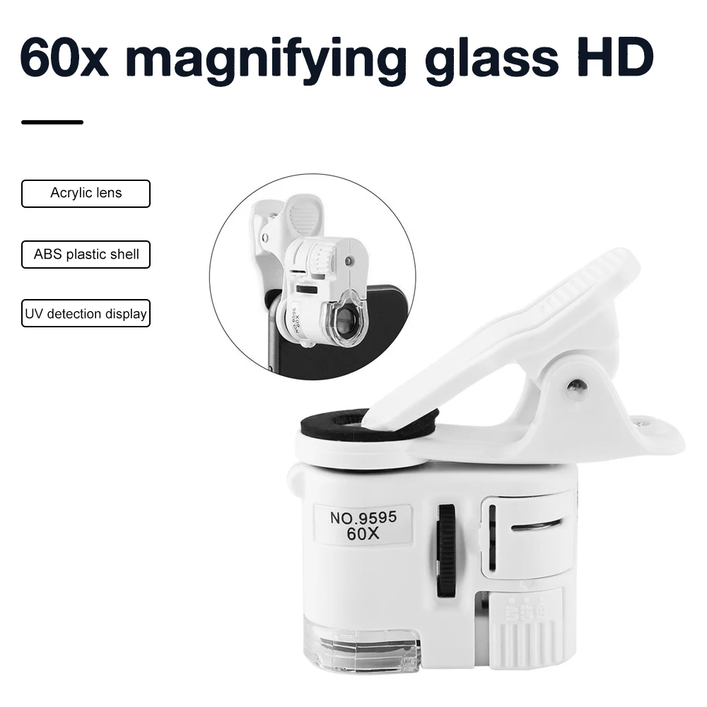 Universal Clip Microscope 60X LED Jewelry Magnifying Glass Focusing Adjusted Pocket Microscope with Cell Phone Clip UV Light