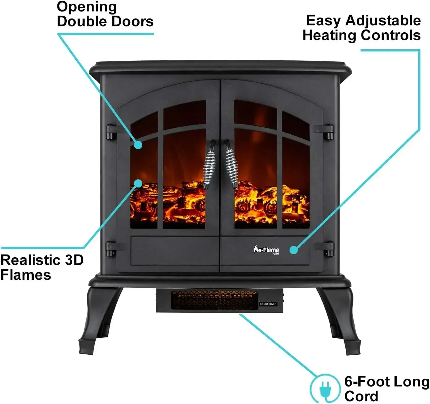 Kominek wolnostojący E-Flame, grzejnik piecowy, realistyczny dziennik 3D, efekt ognia, czarny, jaspis USA