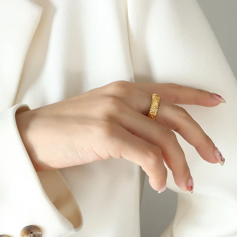Ethnic Style 316L Stainless Steel Rings For Women 18k Gold Plated Waterproof Fadeless Relief Pattern Women\'s Ring Woman Jewelry