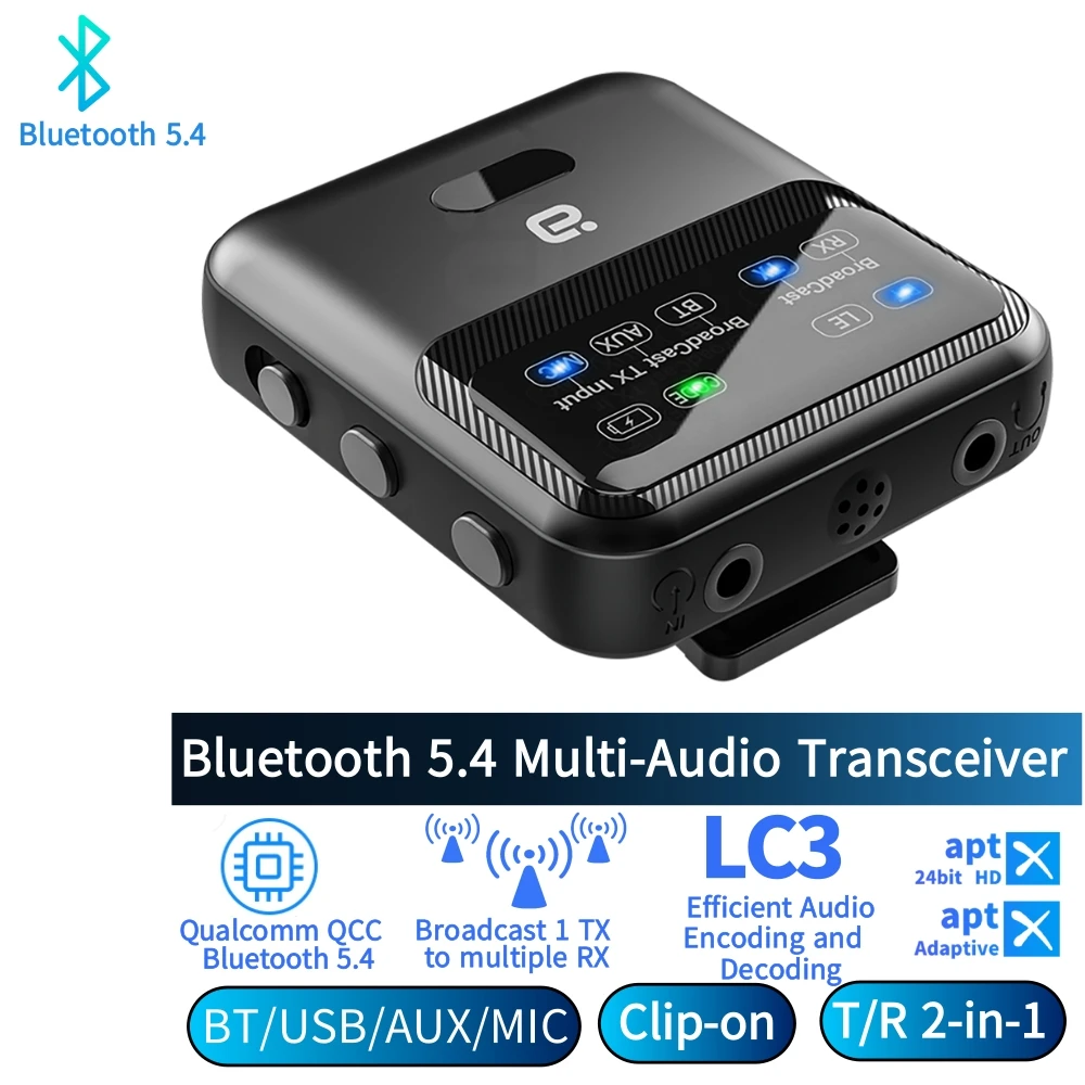 Bluetooth 5.4 Audio-Transceiver LE Audio, Broadcast 1TX bis über 100 RX-Geräte, Clip-On-Design