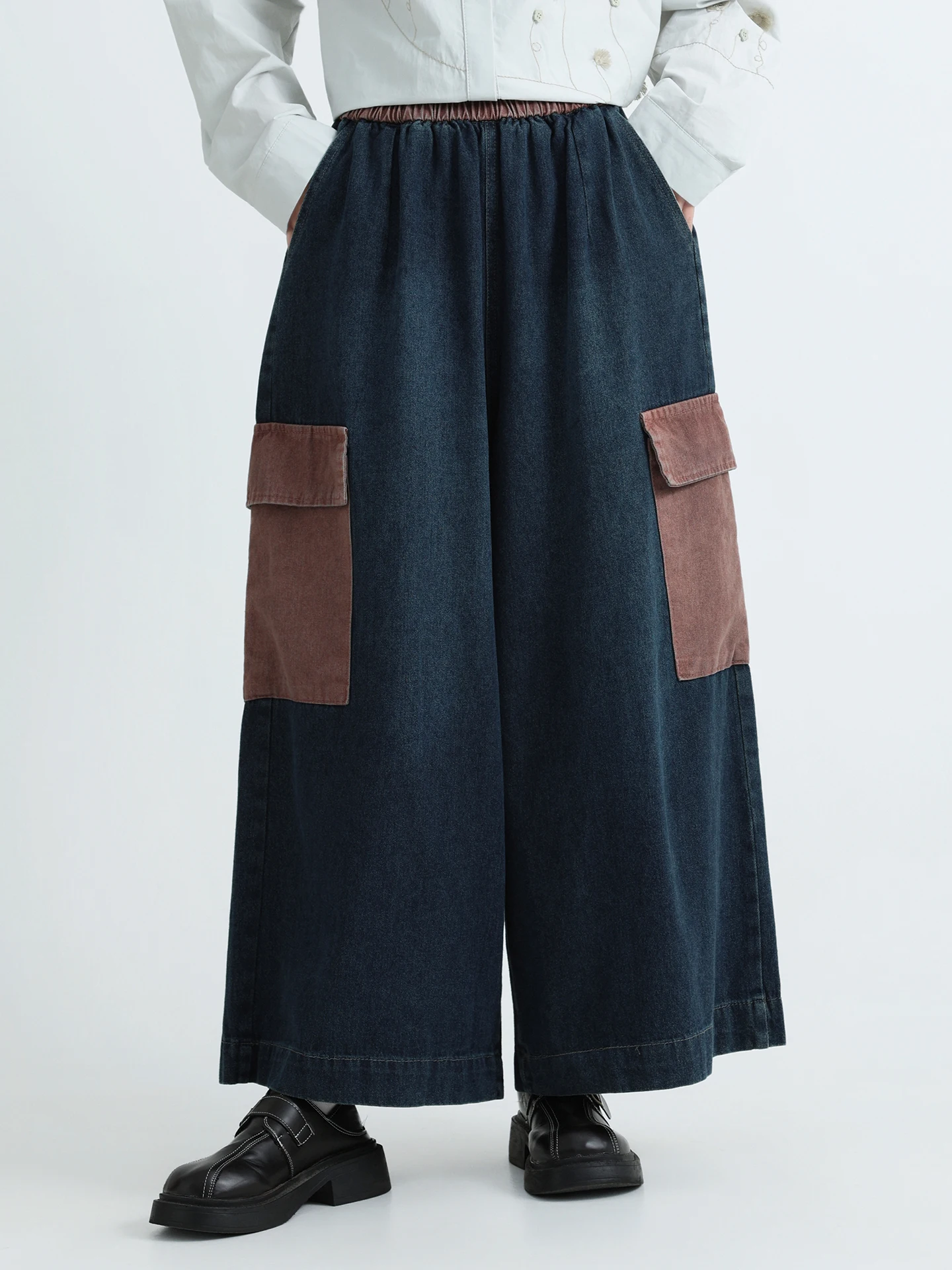 

Bouren Color Block Workwear Jeans High Waist Wide Leg Pants Women's Japanese Style Versatile Trousers Spring Summer Cotton