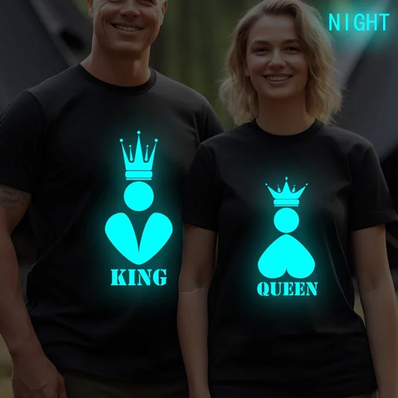 Luminous King Queen T Shirts Couple Tshirt Wife Husband Summer Tops Women Y2k Streetwear Men Oversized T Shirt Couples Glowing