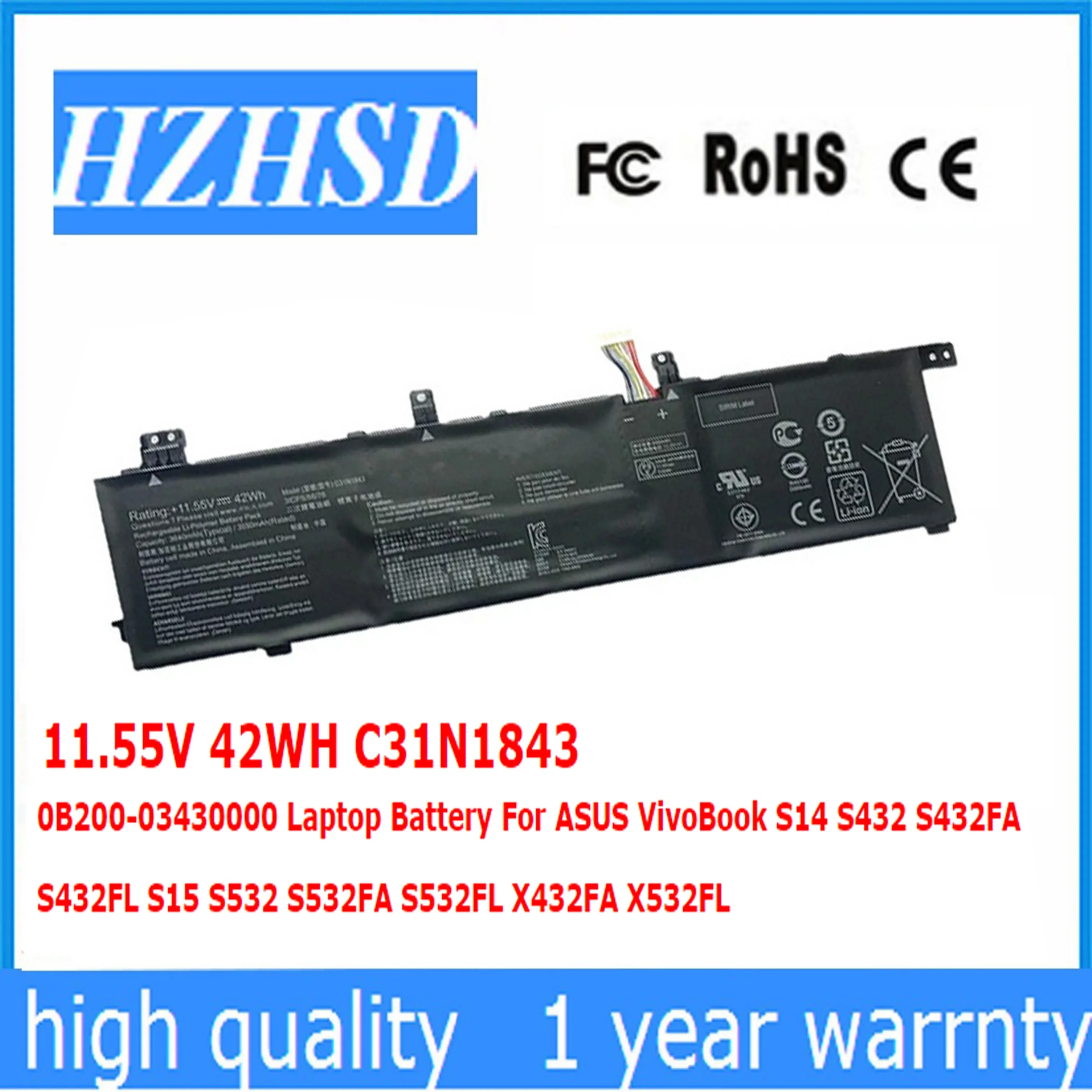 

11.55V 42WH C31N1843 0B200-03430000 Laptop Battery For ASUS VivoBook S14 S432 S432FA S432FL S15 S532 S532FA S532FL X432FA X532FL