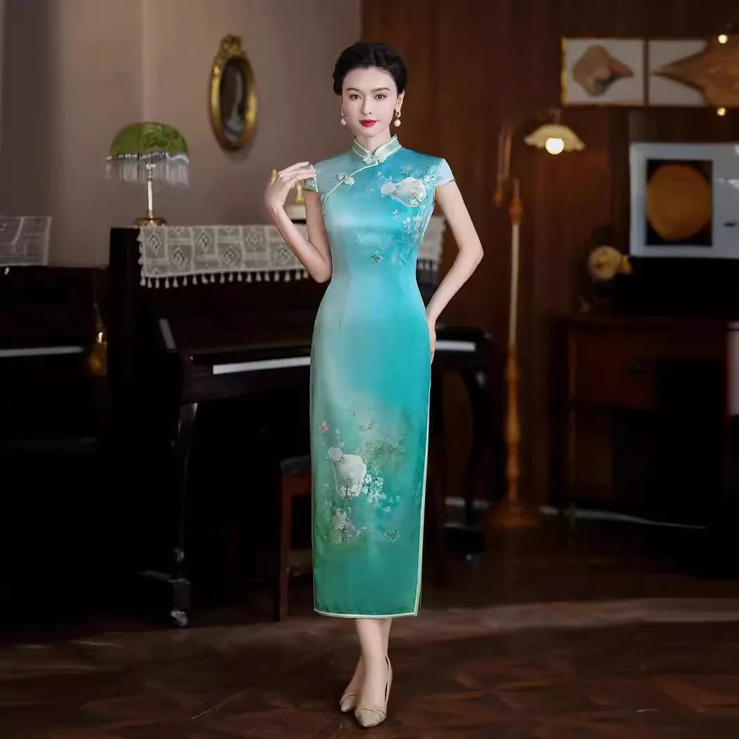 

High Quality Real Silk Qipao Cheongsam Top Skirt Daily Hip-Wrapped Evening Dress Modified Old Shanghai Waist-Tight Artistic New