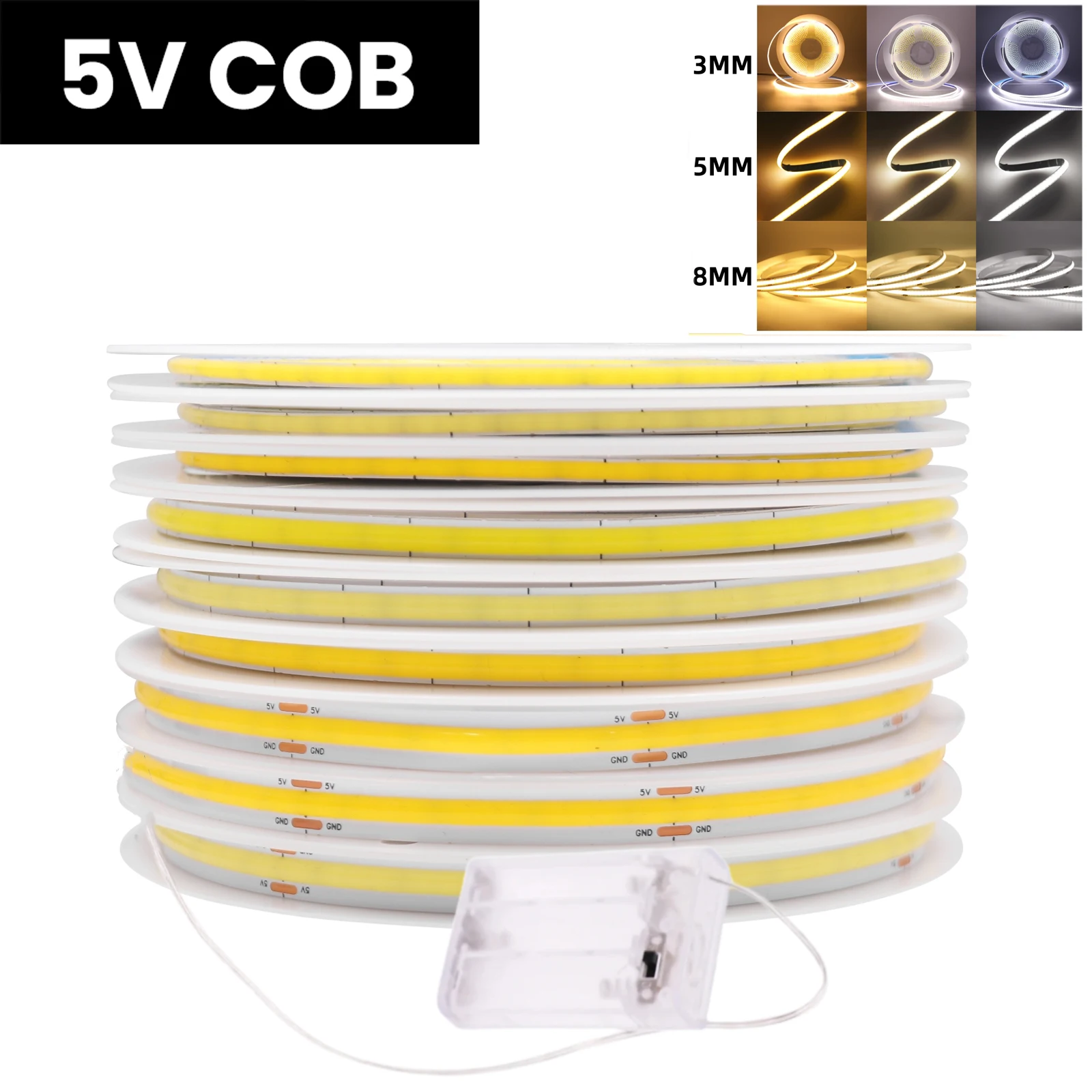 

5V COB LED Strip With AA Battery Box 3MM 5MM 8MM 320LEDs/m Flexible Battery Tape COB Strip Warm White Red Green Blue Pink Yellow