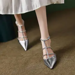 Ladies Shoes Diamond with Low Heels Silver Dress Half Rhinestones Women's Sandals Pointed Toe Closed Original Casual Pvc on Sale
