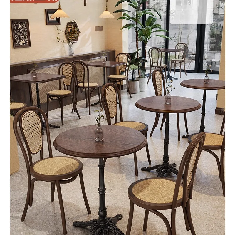

Cafe tables and chairs solid wood retro western restaurant square round table commercial snacks dessert shop dining bar table ch