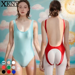 XCKNY satin silky One piece swimsuit sexy oil glossy swimsuit backless tighten one's hips Open Crotch Jumpsuit Bodysuit