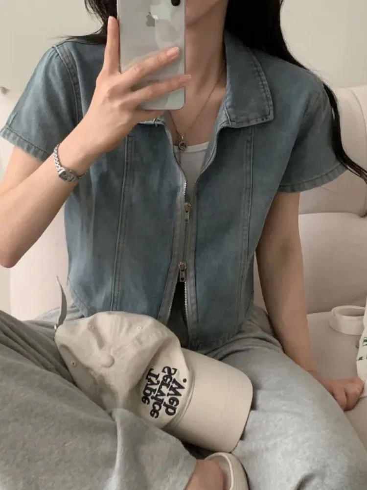 Double Zipper Denim irt Jaet Women's Summer New Vintage Design Loose Casual ort Top Commute Sle ort Sve