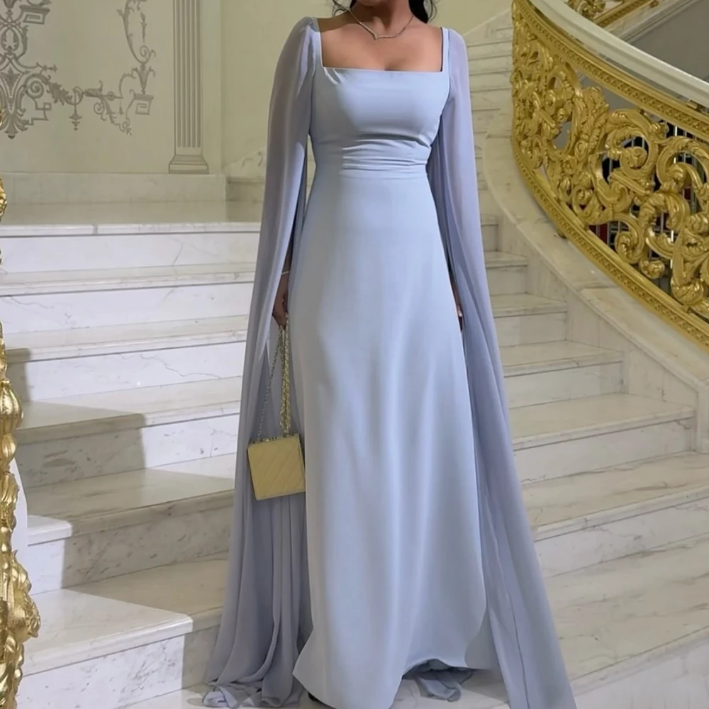 

Customized A-line Evening Dresses Floor-length Square Collar Full Sleeve Prom Gown Simple Fashion Draped Casual Party Gown