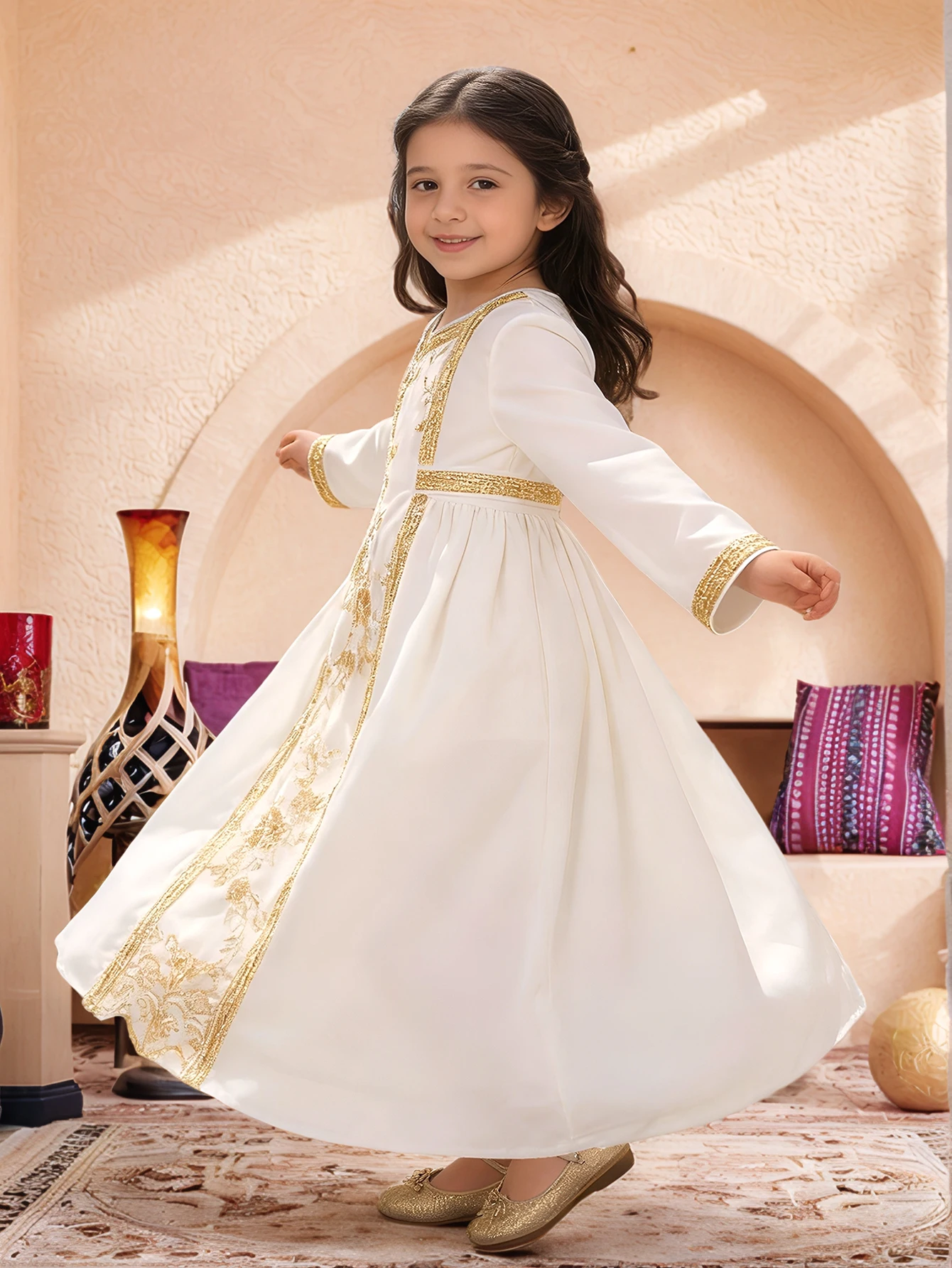 Weißgold Schwer Bestickte Mädchen-Abaya Muslimische Kinder Arabische Robe Tägliches / Festliches Mehrzweck-Outfit – Detail 4