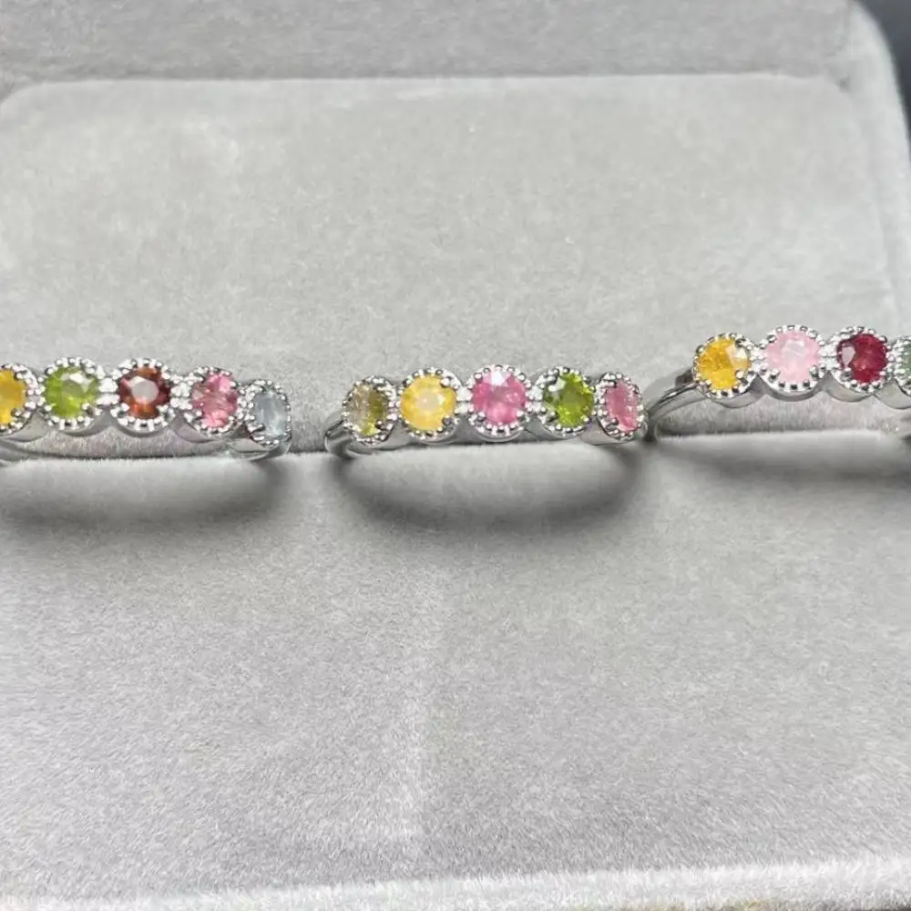 خاتم تورمالين للنساء قابل للتعديل ، خاتم نحاسي أبيض ، حجر طبيعي ، 4 حلقات ، مقاس 3 تقريبًا