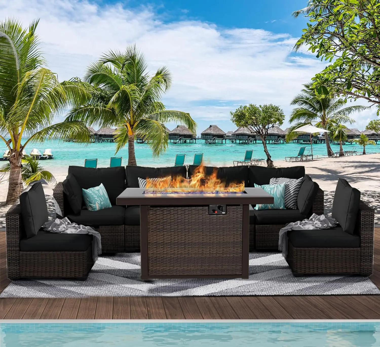 

7 Piece Patio Furniture Set with Fire Pit Table, Rattan Outdoor Sectional Patio Conversation Sets with Seat Cushions