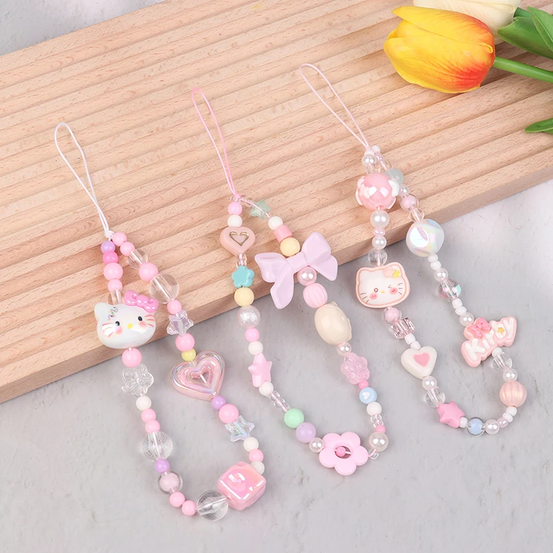 Sanrio Hello Kitty Cartoon Cell Phone Rope Chain Bag Pendant Beads Chain Bracelets Dangle Camera DIY Phone Jewelry Accessories