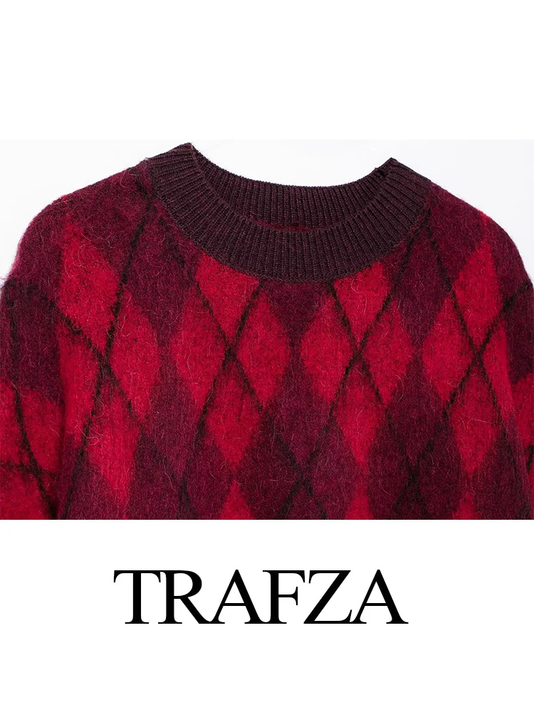 TRAFZA ฤดูหนาวผู้หญิงแฟชั่นรูปแบบเพชรตกแต่งรอบคอเสื้อกันหนาวผู้หญิงเสื้อแขนยาวความแน่นถัก TOP Mujer