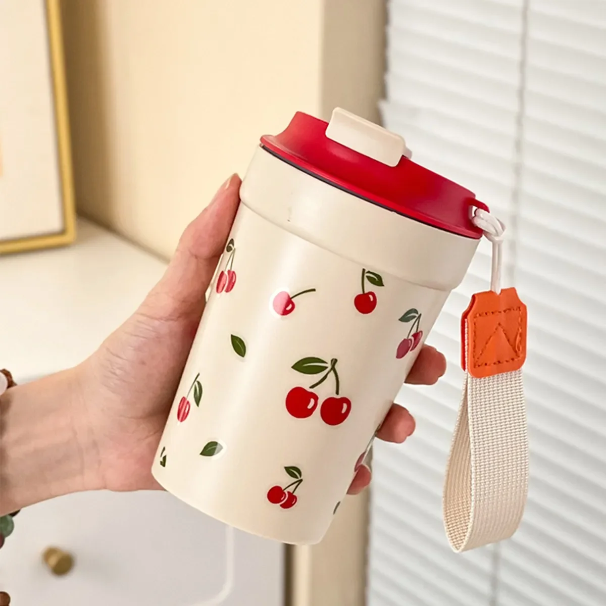 Leak Proof Drinking Cup Tumbler With Nylon Rope Portable Cherry Pattern Plastic Water Cup Heat-resistant Tea Milk Coffee Mug