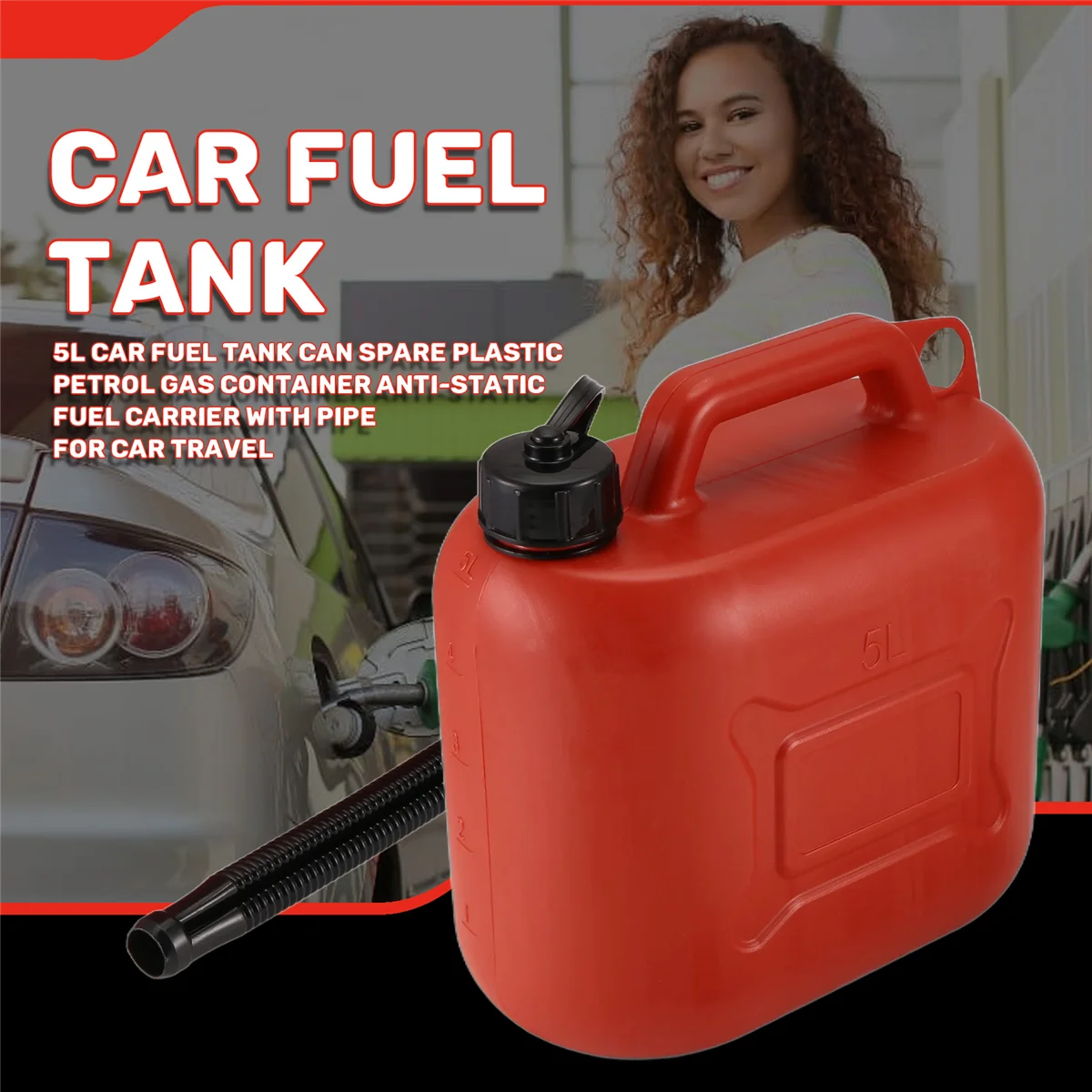 5L Car Fuel Tank Can Spare Plastic Petrol Gas Container Anti-Static Fuel Carrier with Pipe for Car Travel