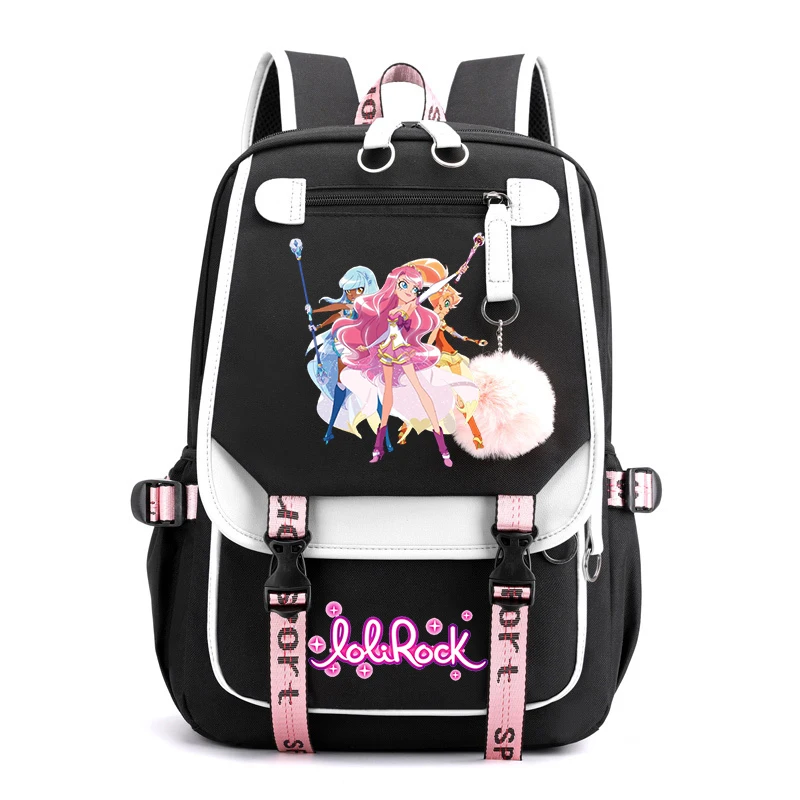 

USB Charging Backpack Lolirock Print Anime Backpacks for School Teenager Girls Fluffy Ball Bookbag Cartoon Lolirock School Bags