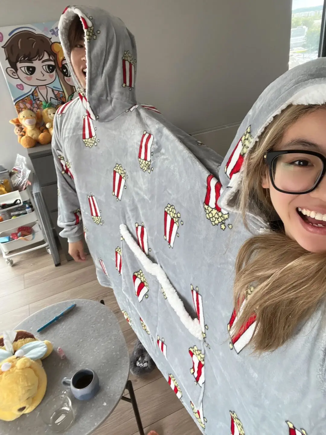 New Primark Double Snuddie Popcorn Couple Pairs Pajamas Autumn Winter Plush Hooded Blanket One Size For Adults