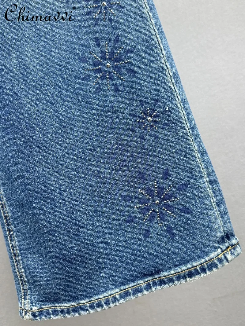 헤비 라인스톤 데님 와이드 레그 팬츠 여성 가을 신상 하이웨이스트 루즈 슬림 유럽 스타일 롱 팬츠