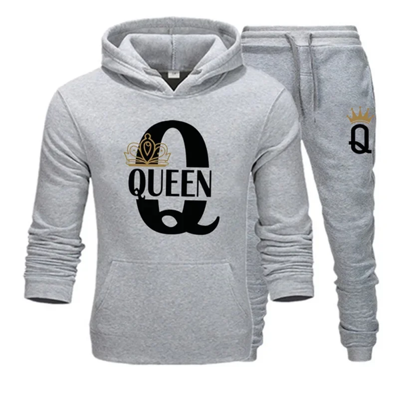 2025 New Autumn and Winter Men's and Women's Sweater Set KING QUEEN Loose Relaxed Hooded Print Couple Set