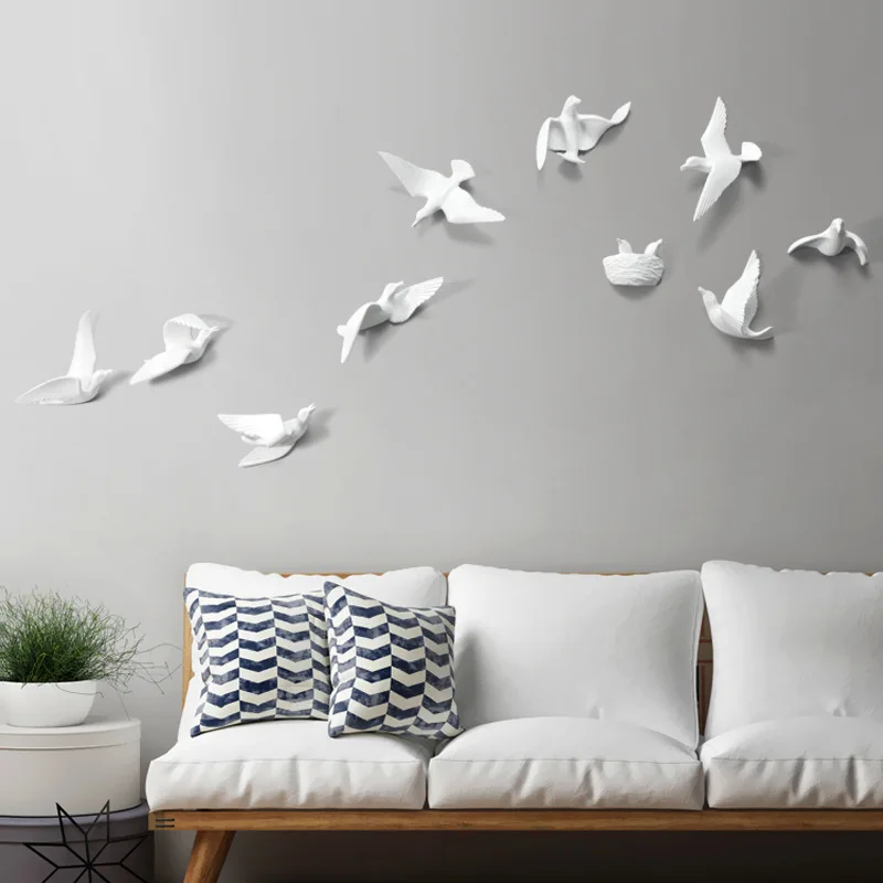6pcs/set Resin Flying Birds Figurines Wall Hanging Simulation Pigeon Sculptures Sparrow Ornaments Handicraft Home Decoration