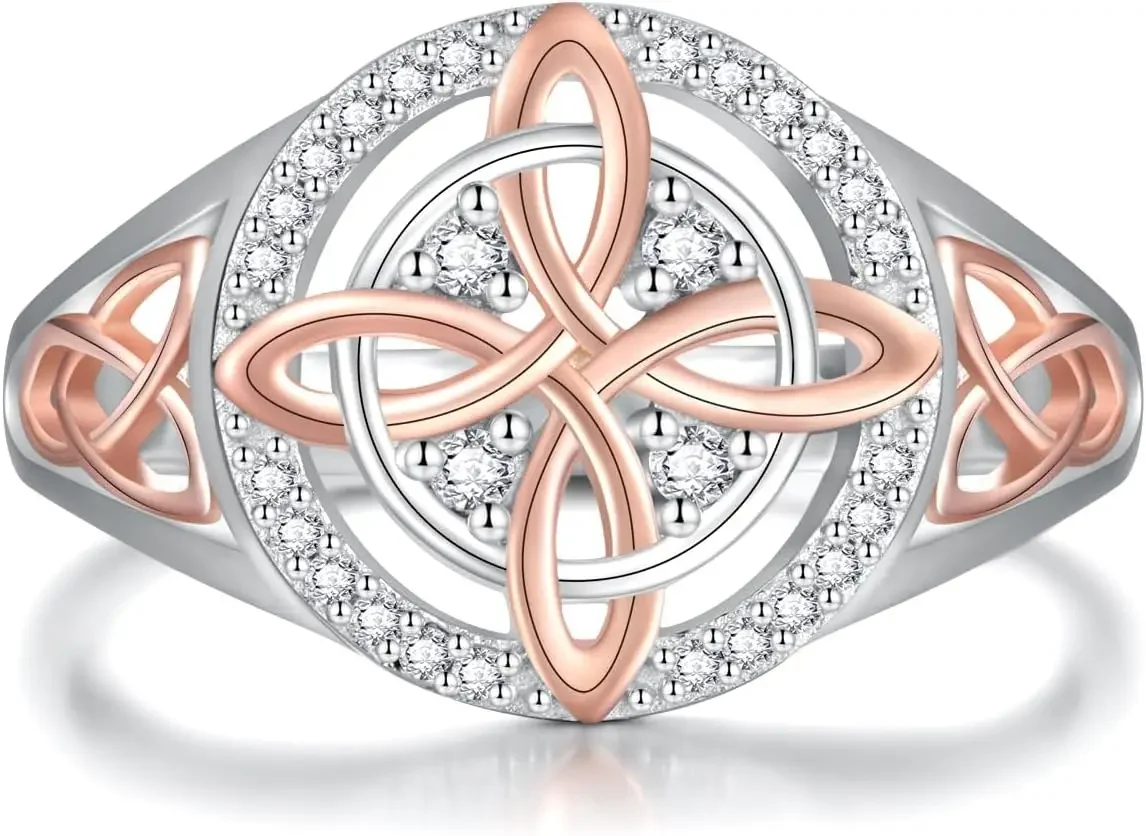 GAUEIOUR Anillo de protección hecho a mano con nudo de bruja y circonita cúbica brillante, anillo bicolor que combina plata de moda y oro rosa encantador, joyería original con nudo celta, regalos para mujeres, talla 7