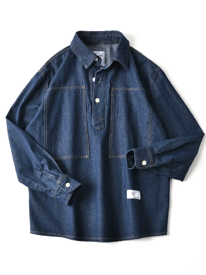 

Японский модный бренд INS, 100% чистый хлопок, свободная джинсовая рубашка с карманами и полупланкой для мужчин, осень 202, американский винтажный мужской