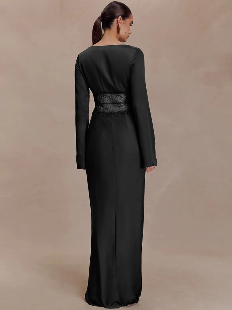 XIAOTANG Abito lungo sexy a maniche lunghe con scollo a V Abito da donna Elegante abito da festa in pizzo trasparente patchwork a vita alta aderente con spacco