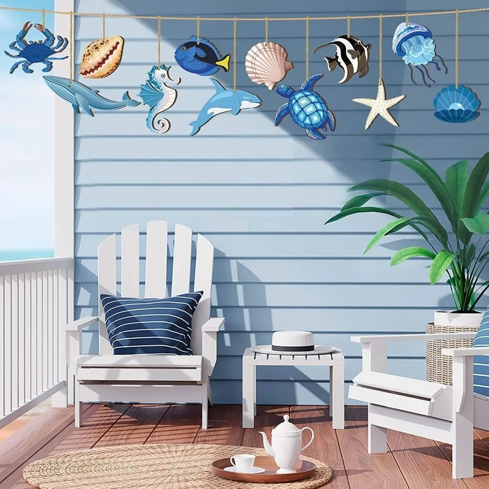 

24pcs Wooden Ocean Animal Hanging Ornament Turtle Seahorse Starfish Seashell Ocean Themed Pendant DIY Ocean Theme Sea Life Decor