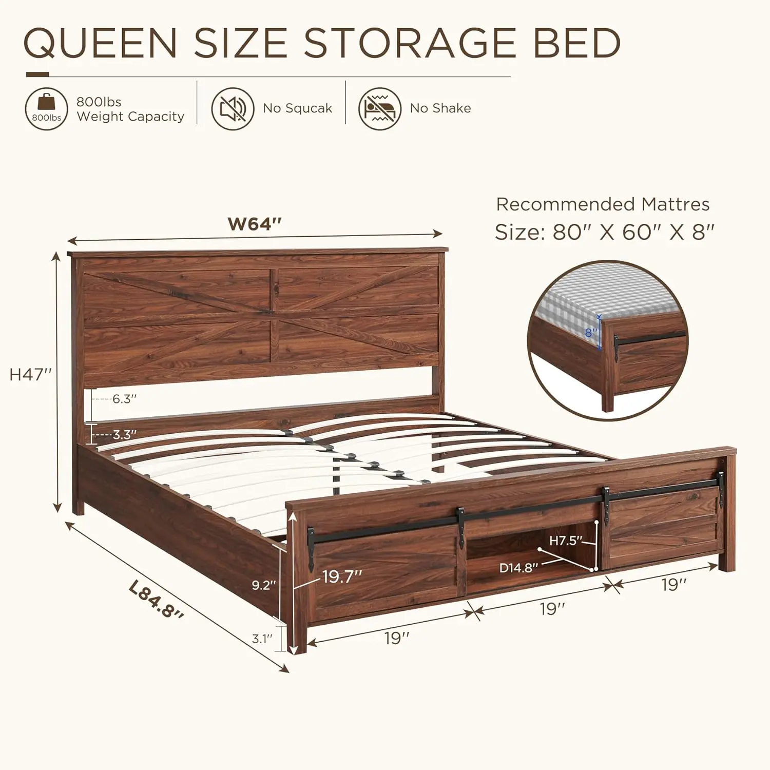 Farmhouse Wood Bed Frame Queen Size with Sliding Barn Door Storage Cabinets and Headboard, Solid Wood Slats Support, Noiseless,