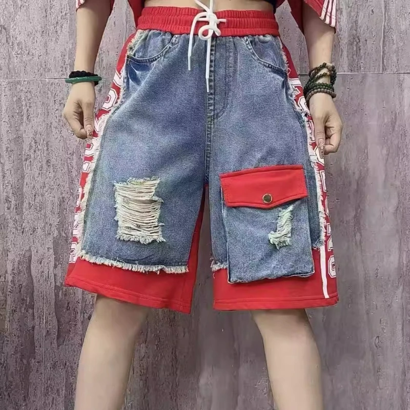 European Goods Denim Shorts Women's 2025 Summer New Letter Printing Splicing Pocket Ripped Five-point Pants Women Shorts