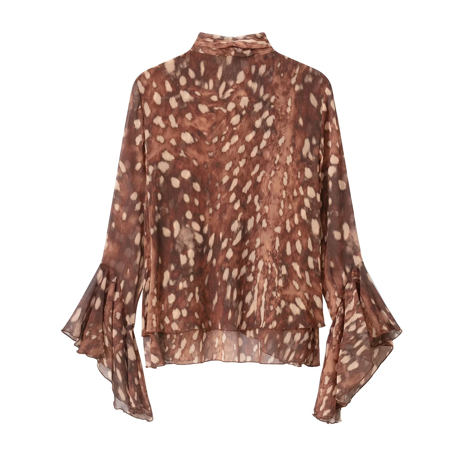 Winter new women's clothing style fashionable temperament retro spotted print lace up slightly transparent chiffon top shirt