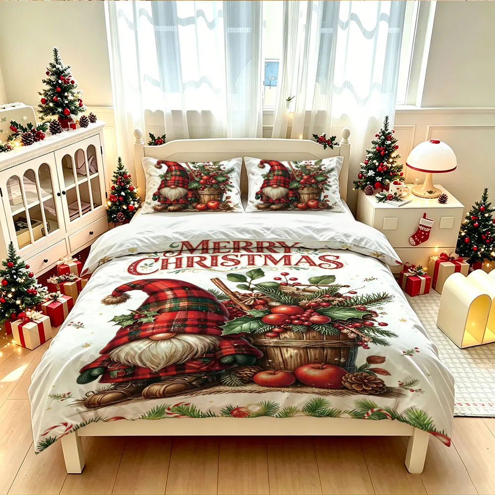 3 Pcs Merry Christmas Duvet Cover Set Gnome Red Black Plaid Print Cozy Bedding Set for Bedroom Home Decor