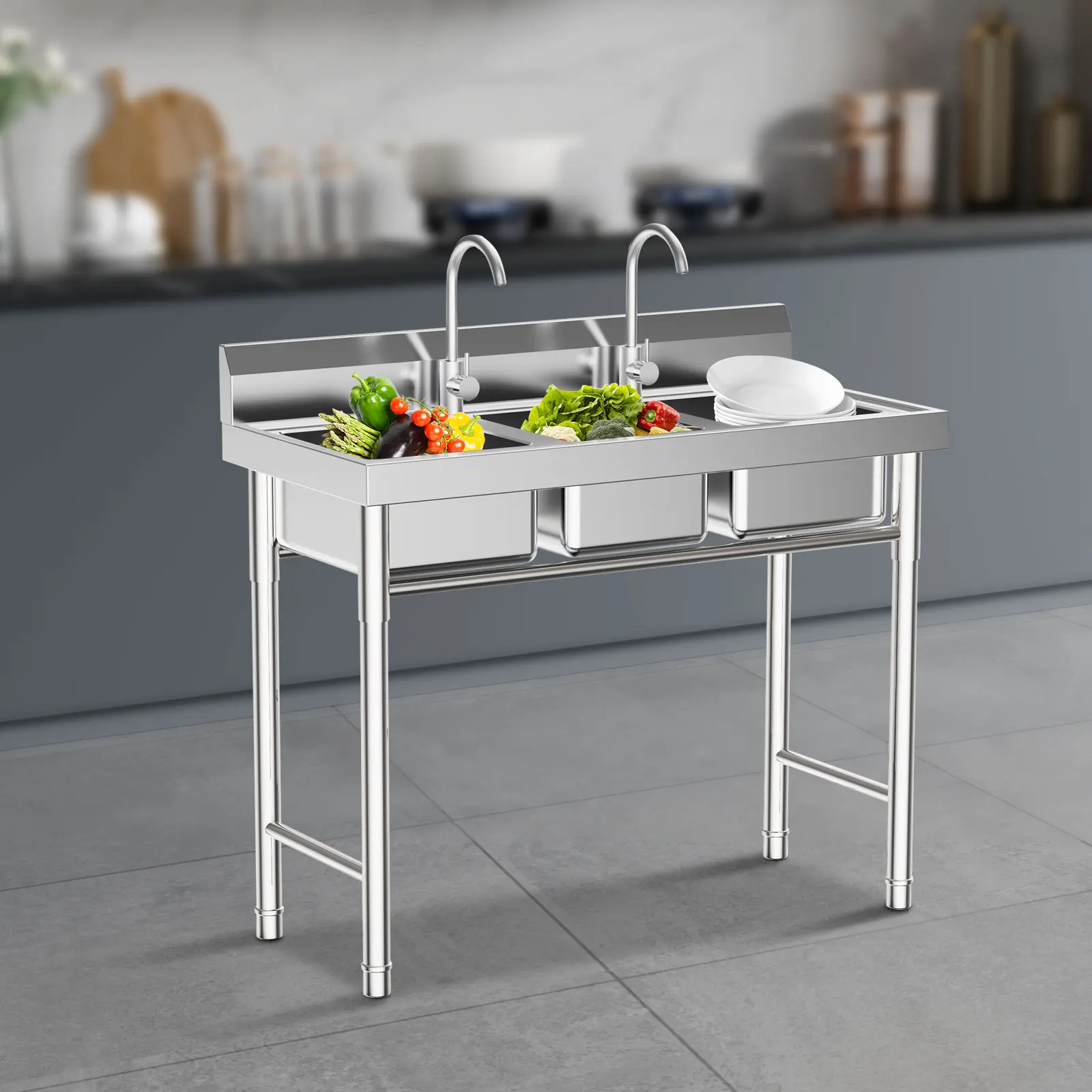 

Stainless Steel Utility Sink 3-Compartment Free Standing Kitchen Sink with Cold and Hot Water Pipe, 39'' ×18'' ×36'', Silver