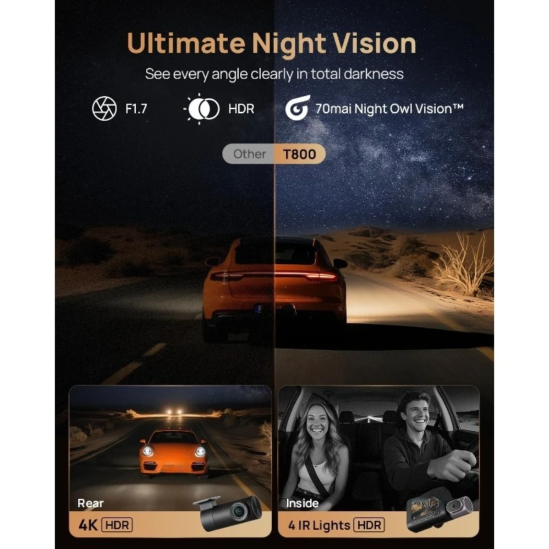 كاميرا داش 4K T800 ذات 3 قنوات، كاميرا داش أمامية وخلفية داخلية (2160P+2160P+1080P)، STARVIS 2 IMX678، رؤية ليلية HDR، Dash Ca #3