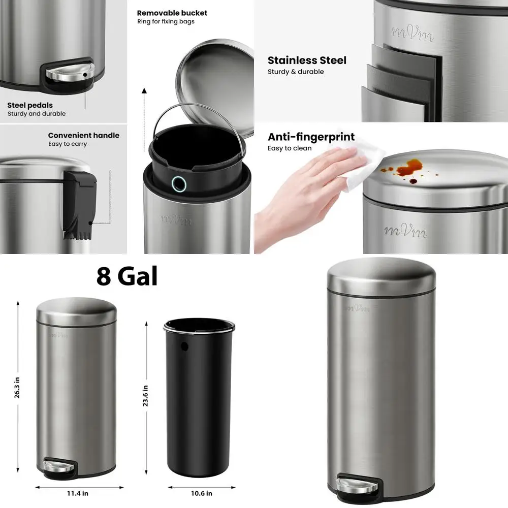 

8-галлонный мусорный бак с педалью и крышкой, устойчивый к отпечаткам пальцев, из матовой нержавеющей стали для кухни, офиса, гостиной (серый)