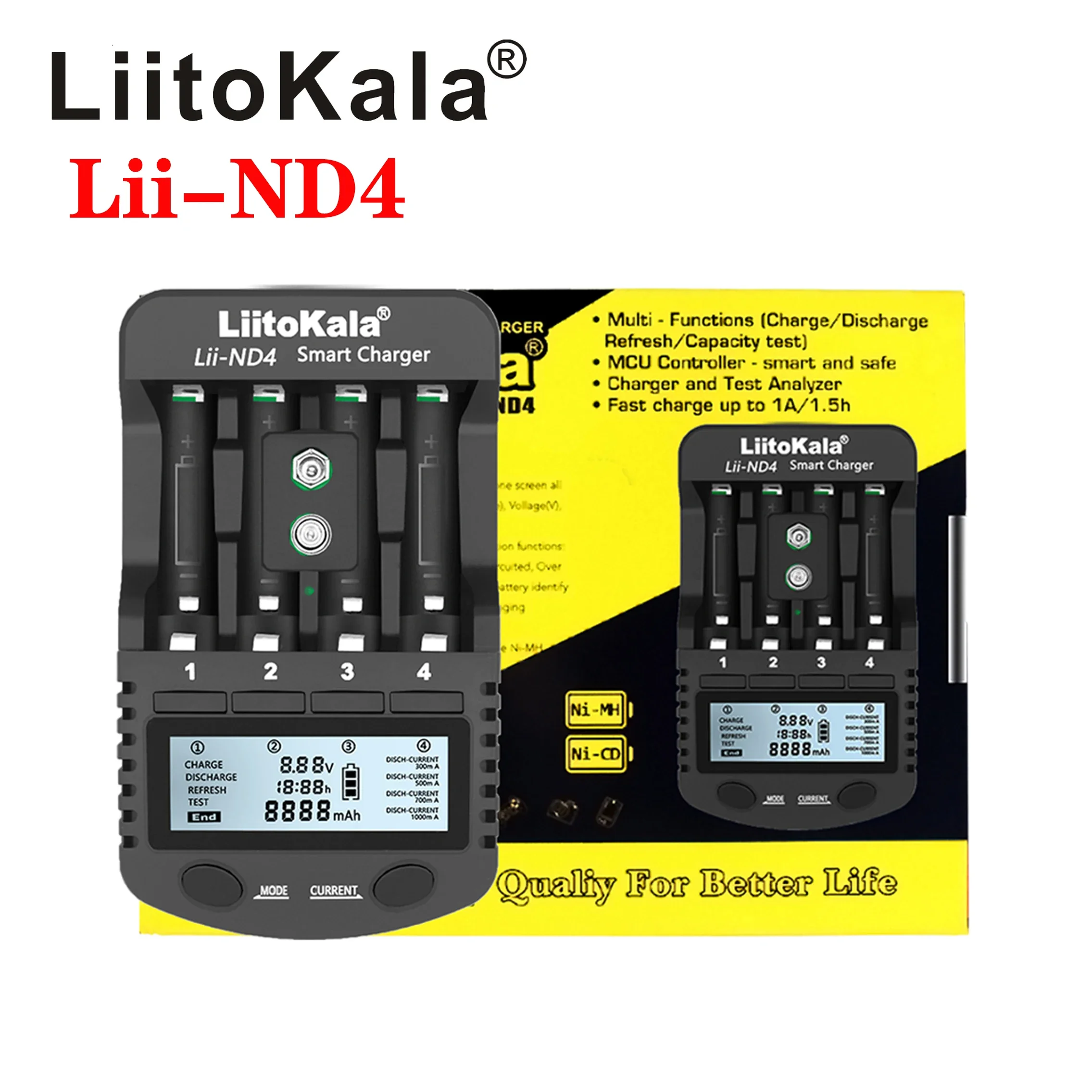 LiitoKala Lii‑ND4 Smart Charger LCD Display Capacity Testing Function For 1.2V Ni‑MH Ni‑Cd AA AAA 9V Rechargeable Battery