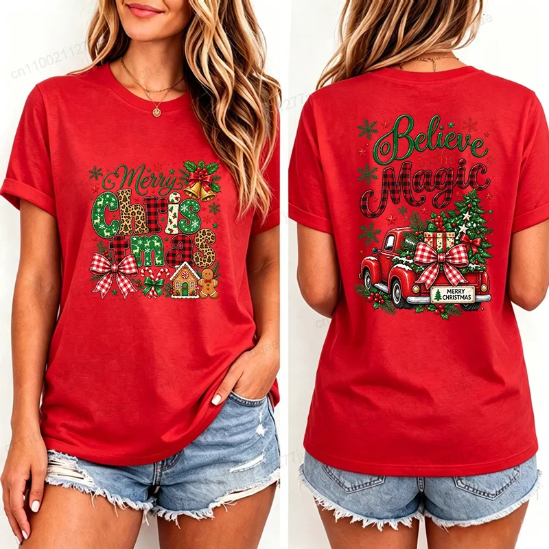 Women Believe in The Magic Red Truck Print T‑Shirt Merry Christmas Graphic Short Sleeve O‑Neck Holiday Tee Tops Xmas Party Tops