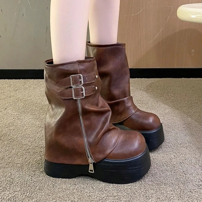 Women Boots Cosplay Tube Leather Boots Retro Ladies High Heels Buckle Strap Modern Boots Trend All-match Soft Leather High Shoes