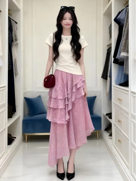

Spring 2026 Korean Style Sweet Short Sleeve Floral Print Asymmetrical Skirt And Top Women's Fashion Set Casual Breathable